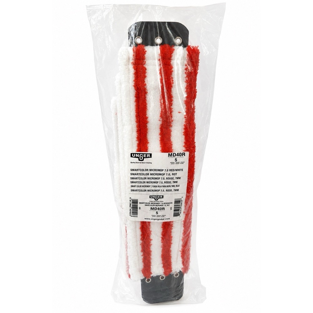 Unger MD40R SmartColor MicroMop 7.0 Red White Replacement Mop Pads 5-Pack